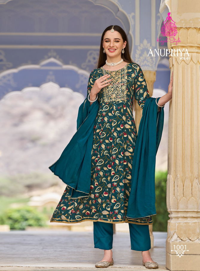 Anupriya Vol 1 By Kajal Style Printed Rayon Anarkali Kurti With Bottom Dupatta Wholesale Online